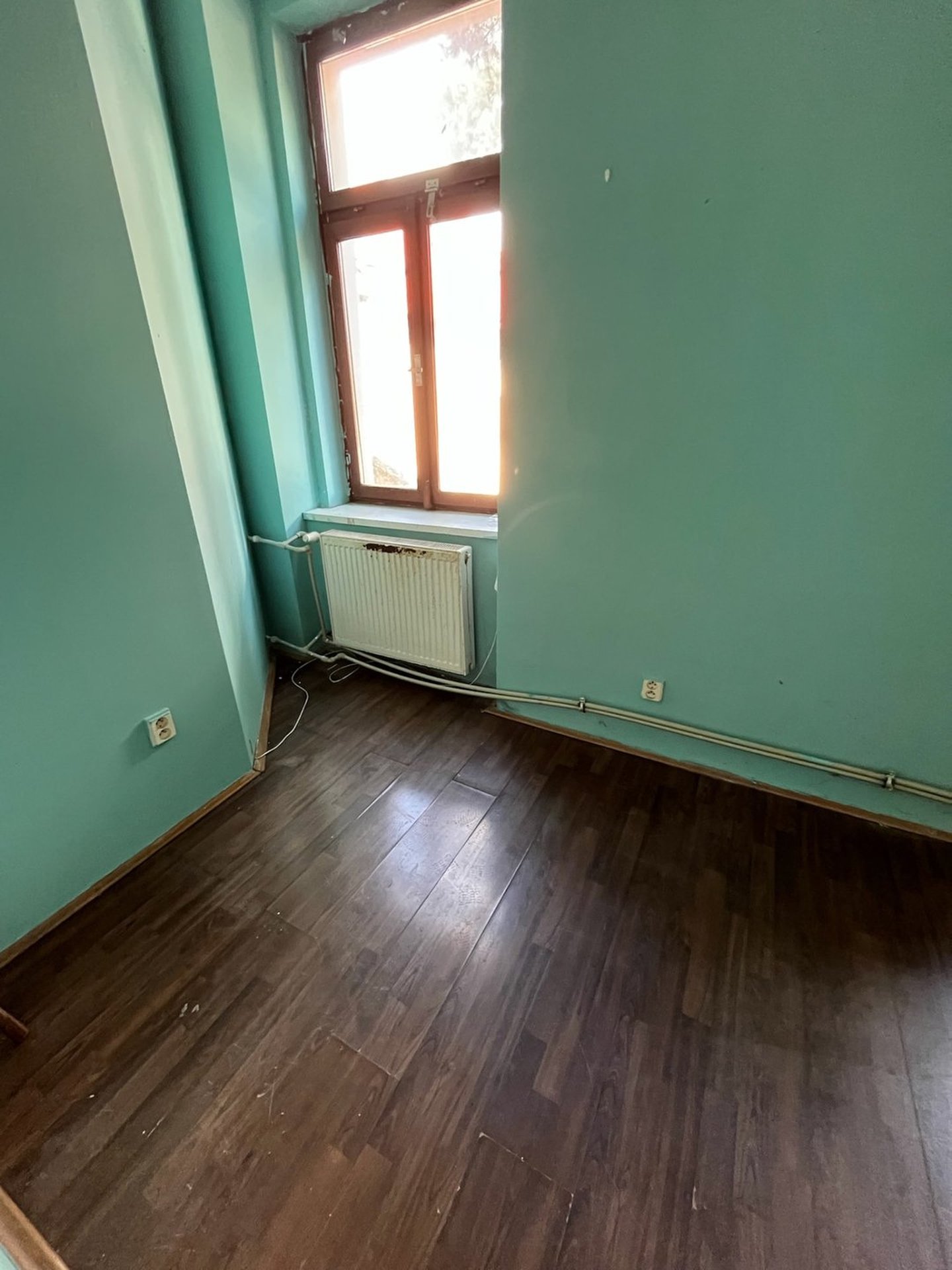 Obývací pokoj bytu 1+kk v České Lípě před rekonstrukcí — zelené stěny a tmavá podlaha